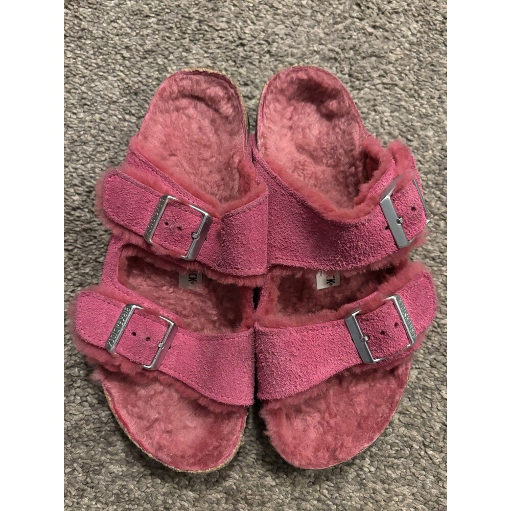 Birkenstock Arizona Shearling Suede Leather Pink Fuchsia Tulip Womens US 5 EU 36